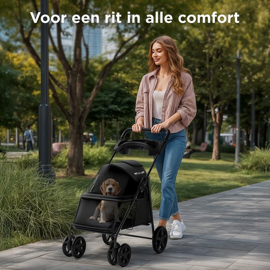Trevopet® Dog Buggy Collapsible - Poussette - Buggy pour chiens de petite et moyenne taille jusqu'à 15 kg - Résistant à l'eau avec porte-gobelet - Noir