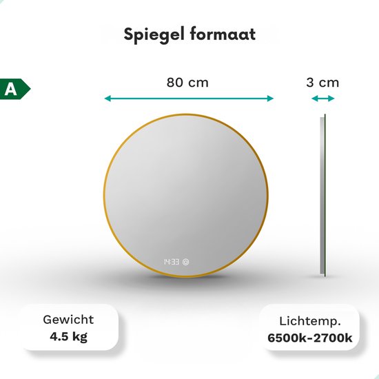 Mirlux Miroir de salle de bain avec éclairage LED et chauffage - Miroir mural rond - Miroir de douche anti-condensation - Cadre doré - 80CM