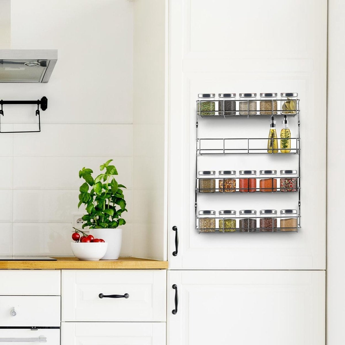 Support à épices suspendu pour 32 pots d'épices KitchenBrothers - Support de cuisine - Organisateur d'épices - Stockage d'épices - 4 couches - 40 x 6.3 x 50 cm - acier inoxydable