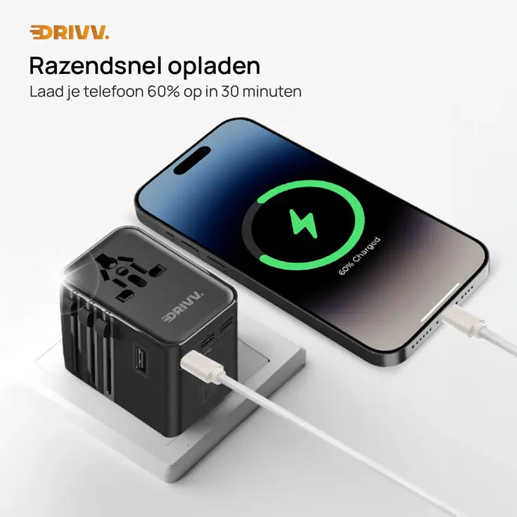 Drivv. Adaptateur universel USB-C 45 W - compatible avec plus de 180 pays - 3 ports USB-C et 2 ports USB-A - Adaptateur de voyage compact
