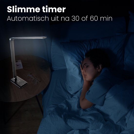 Lampe de bureau Auronic - LED - Chargement mobile USB et sans fil - Minuteur - Lampe à pince dimmable - Lumière blanche et chaude - Noir