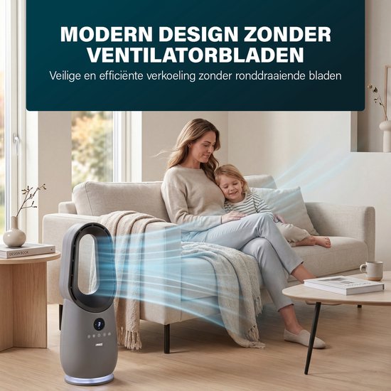 Ventilateur colonne sans pales Princess - 60 W – Ventilateur sans pales puissant et silencieux avec télécommande, minuterie et écran LED – Oscillation à 75° – 3 vitesses – 351582