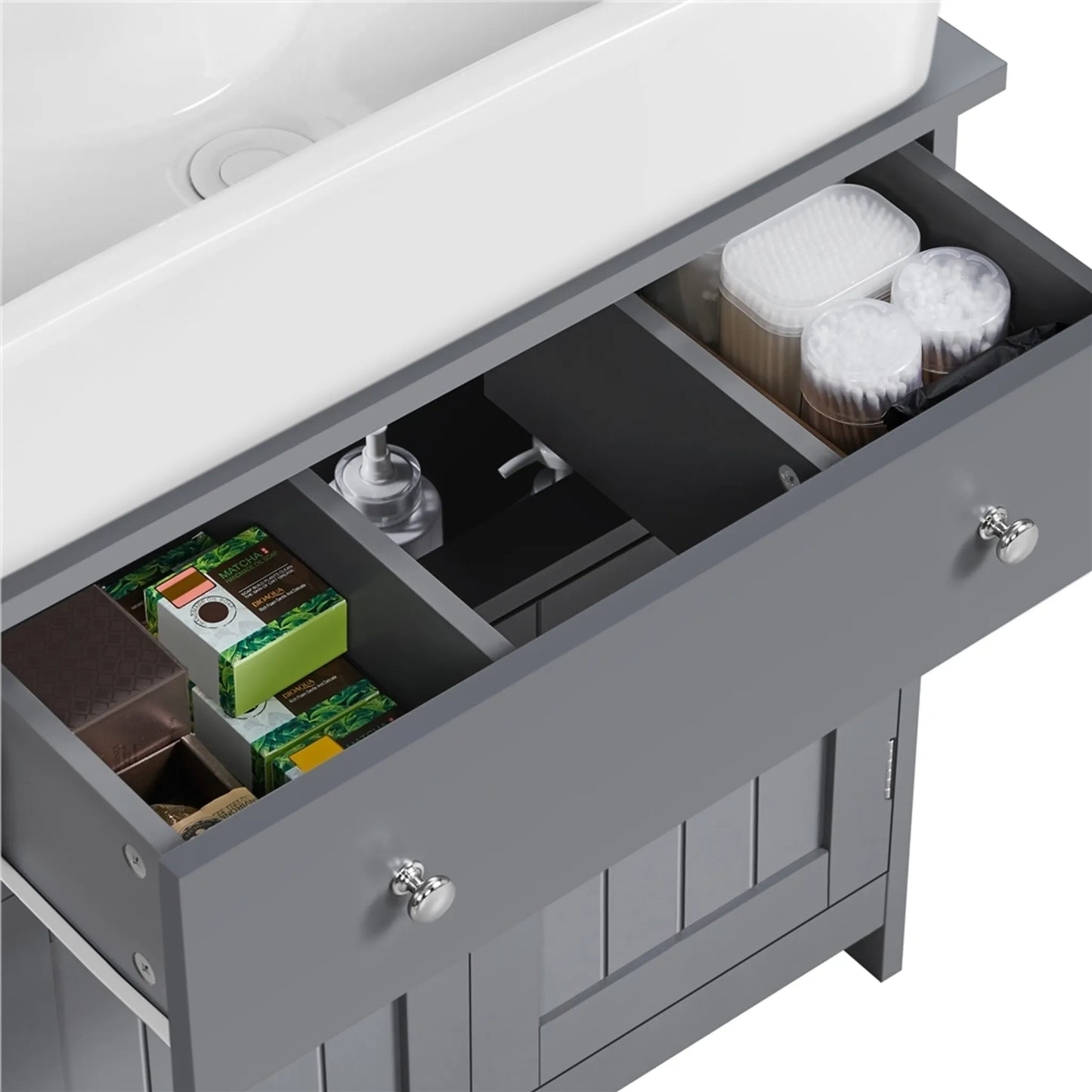 Yaheetech Meuble bas avec tiroir et deux compartiments - équipé d'une découpe pour siphon, d'un revêtement hydrofuge et de ferrures - pour salle de bains de style rustique - Mdf gris foncé et métal - 60 x 30 x 60 cm