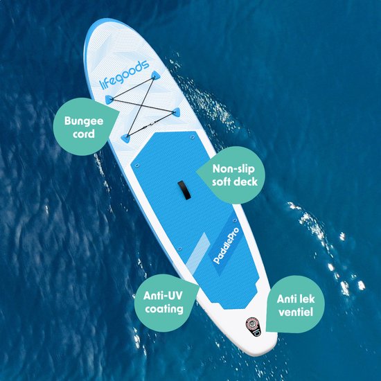 LifeGoods SUP Board All-round Compact - Avec siège - Capacité de charge 100 KG - 300 x 76 cm - Gonflable - Ensemble complet de SUP - Bleu ciel