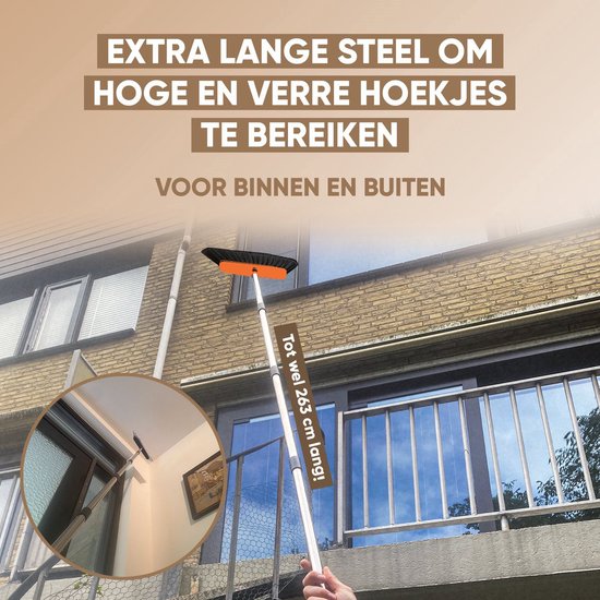 TTD® Pelle et brosse avec long manche XXL - réglable 54-263 cm - balai - manche de balai - gris et orange - pelle et brosse - poubelle pour l'intérieur et l'extérieur - dents de nettoyage intégrées