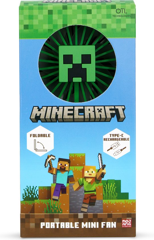 Minecraft - ventilateur - pliable - deux vitesses - rechargeable via USB-C - 4 heures d'autonomie - silencieux
