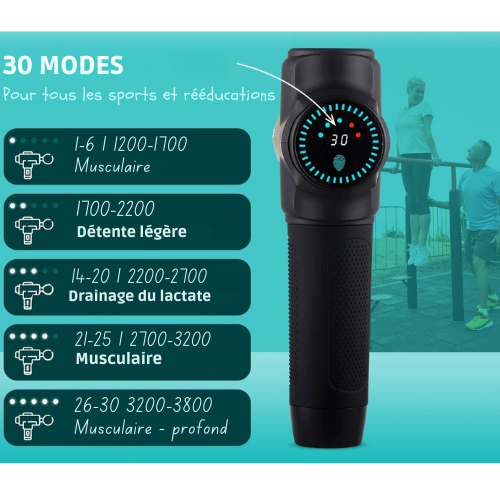 Pistolet de massage professionnel - FITAGE - 12 embouts - Appareil de massage - 30 niveaux d'intensité