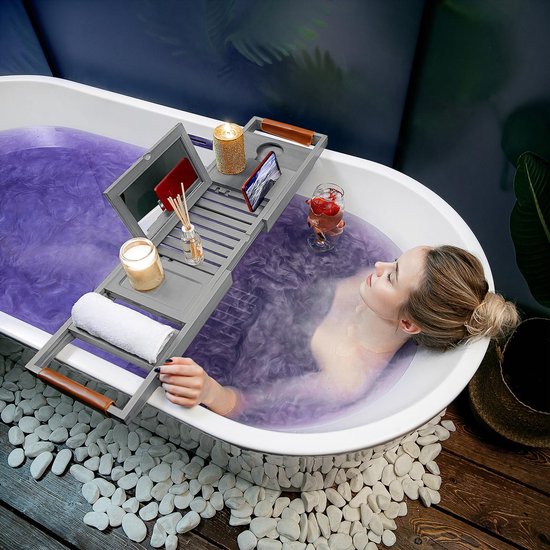 RelaxTub® Bathboard - Planche de bain pour la baignoire - Support de bain - Réglable - Antidérapant - Planche de bain grise - Planche de bain en bois - Support de bain avec porte-livre, porte-tablette et miroir