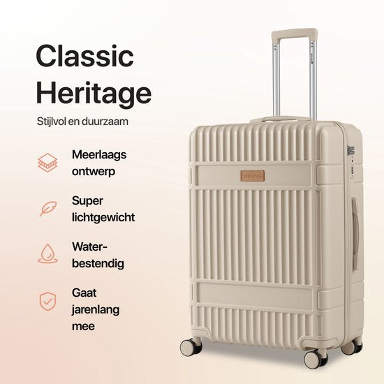 SKYCASES – Valise de voyage moyenne – Classic Heritage – Légère – Serrure TSA – 66 x 45 x 26 cm – 63 L – Valise à roulettes M – Roulettes silencieuses – Beige