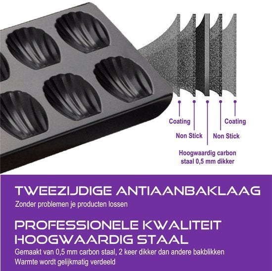 Homewell - Moule à Madeleine avec 12 formes de coquilles - Revêtement antiadhésif - Pinceau et livre électronique inclus