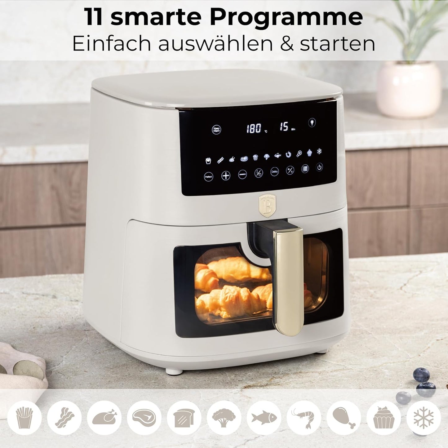 Friteuse à air chaud Berlinger Haus 8 litres - Crème mat - Écran tactile numérique - 1 650 W - 33 x 36,5 x 36,5 cm