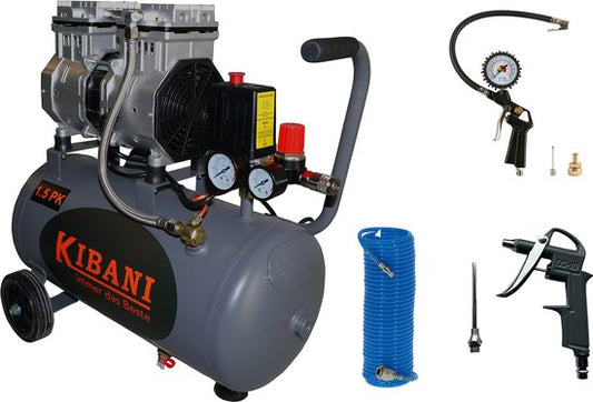 Compresseur Kibani ultra-silencieux 50 litres + tuyau d'air + pistolet à air + pompe à pneus - KIT - Faible niveau sonore - Compresseurs - 50 L