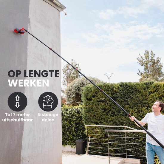 Brosse à laver télescopique Shine avec chiffon en chenille - Brosse à eau XXL jusqu'à 7m - Manche télescopique 5 pièces avec distributeur de savon - Nettoyeur de façades et de vitres