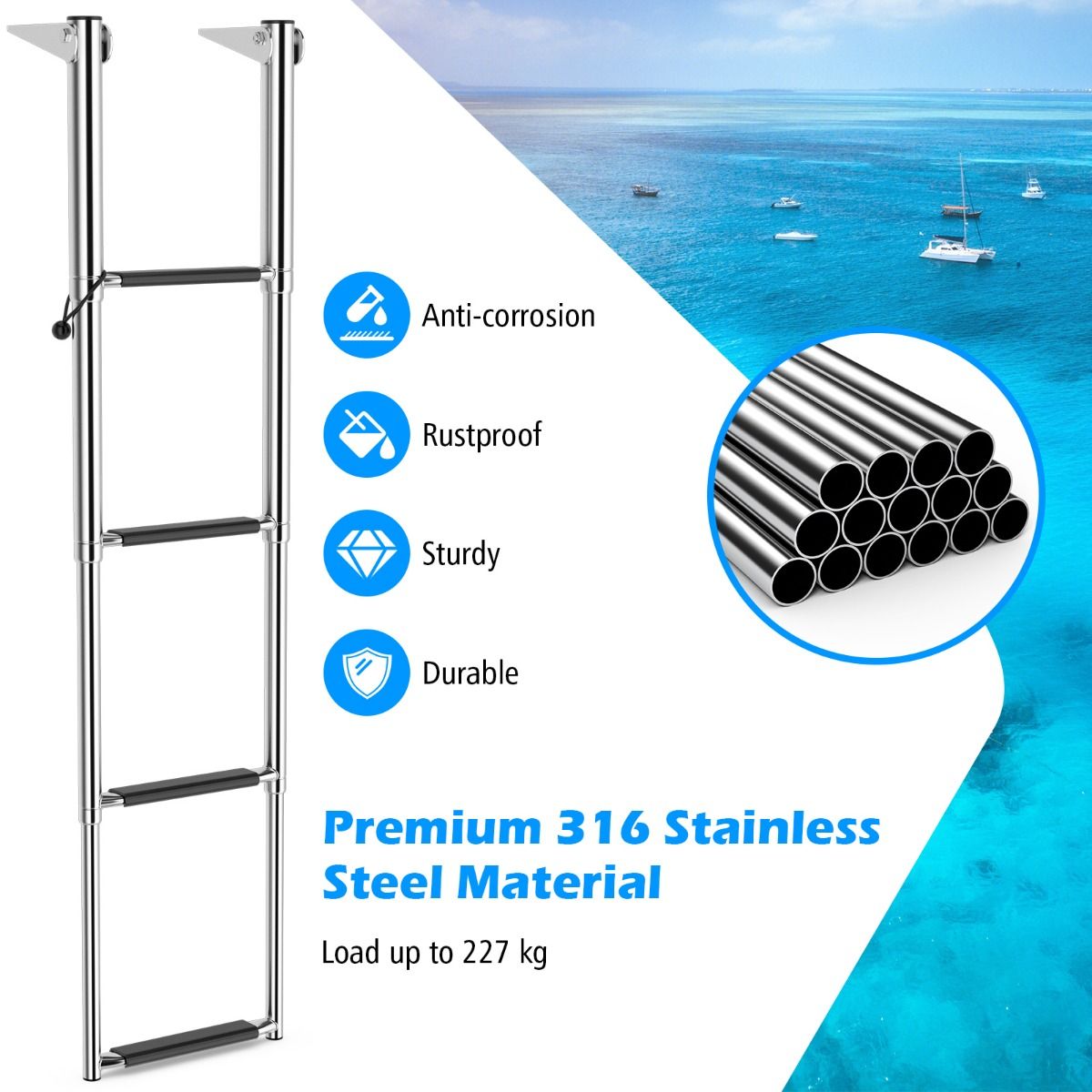 Coast Telescopic Boat Ladder 4-Stage - Anti-dérapant - Acier inoxydable - Capacité 227kg - Couleur argentée