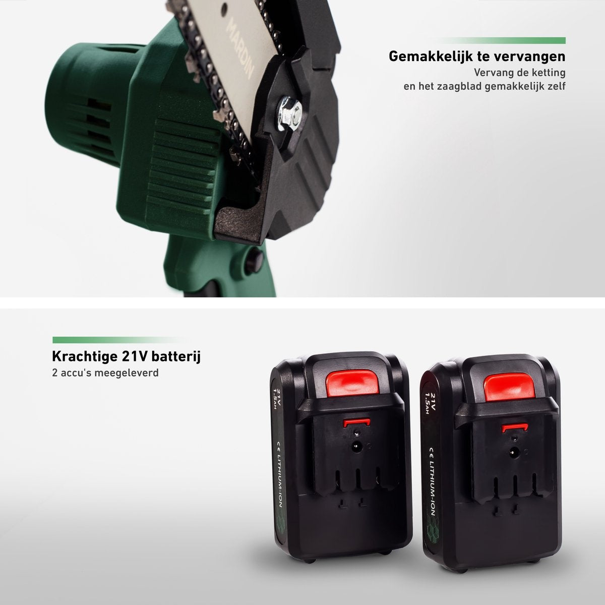 Mini tronçonneuse Mardin - 2 Batteries - couper des branches bois, jardins extérieurs- Mallette incluse - Vert