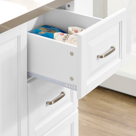 Chariot de service SoBuy - Chariot de cuisine blanc avec plateau rabattable - 3 tiroirs, 2 portes, étagères réglables | FKW41-II-ST