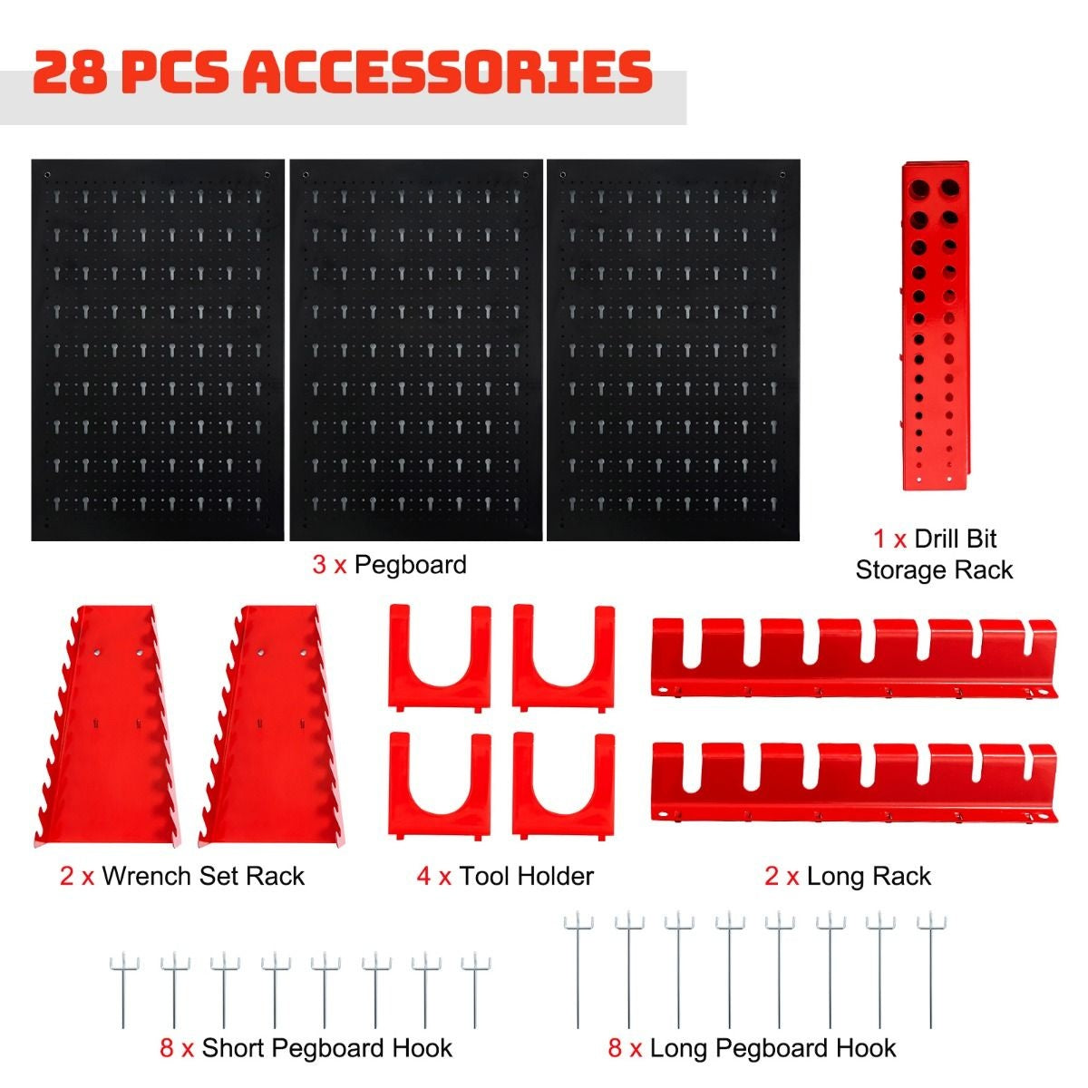 Pegboard Wall Organizer Metal Pegboard Tools Storage Kit with 3 Pegboards & 25 Hanging Accessories Black+Red