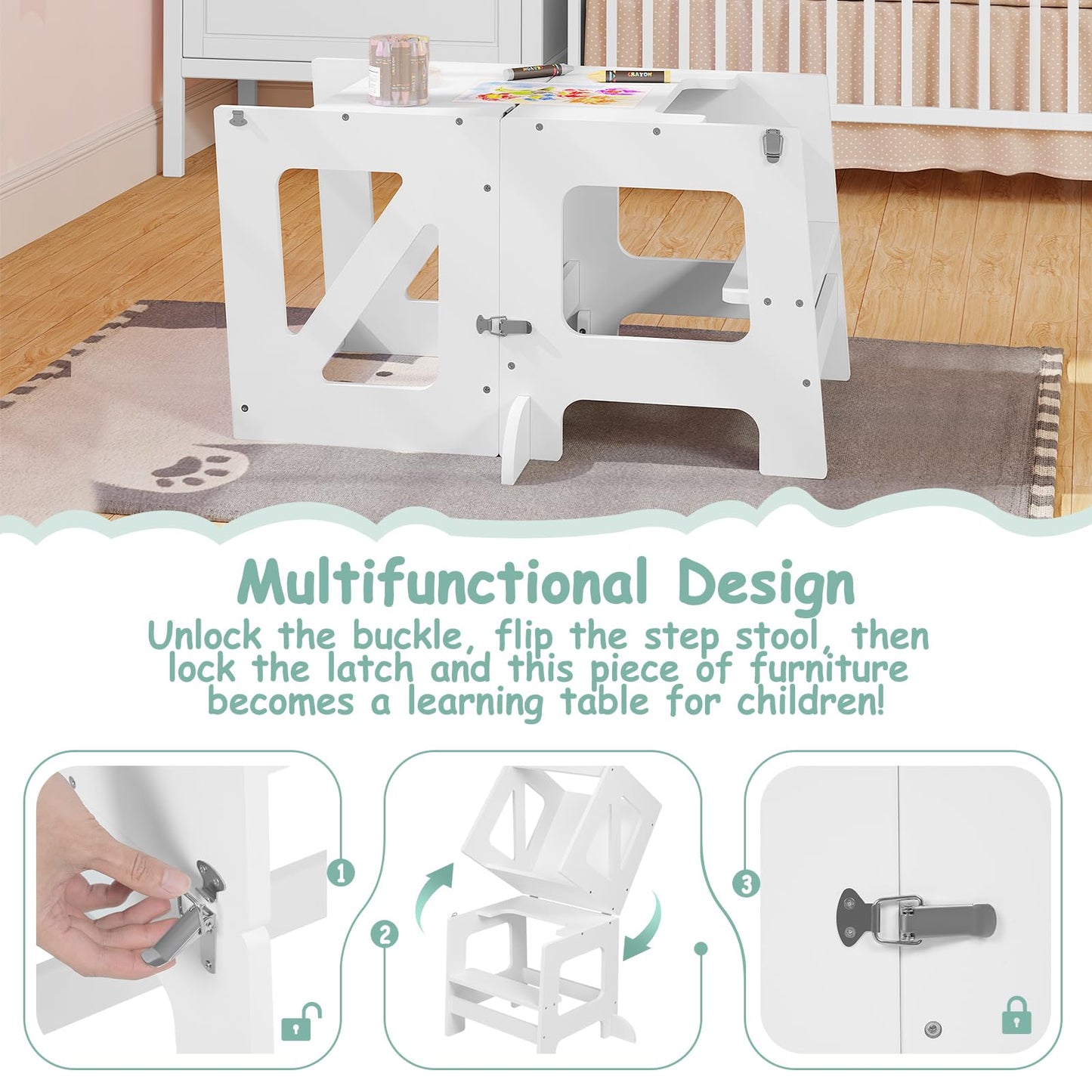Woltu Learning Tower - 3-en-1 - Pliable - 35 x 86 x 45 cm - Blanc
