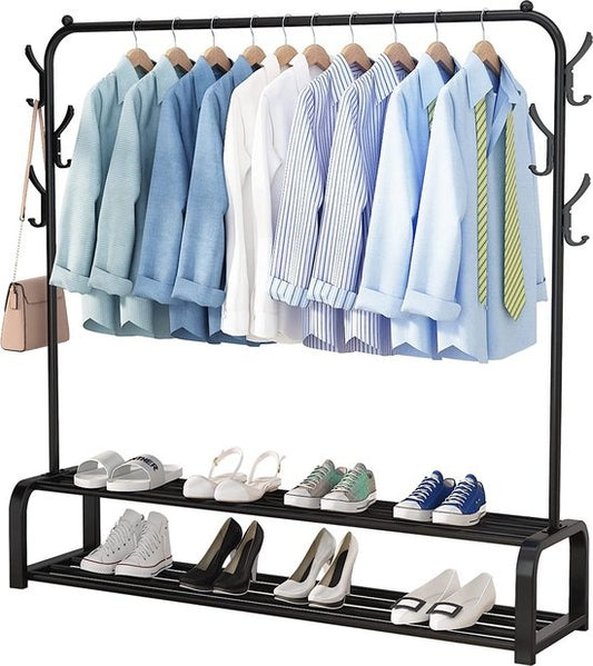 Avalo Rack à vêtements industriel - Métal - 110x33x150 CM - Noir - Rangement pour chaussures - Rack à vêtements avec crochets