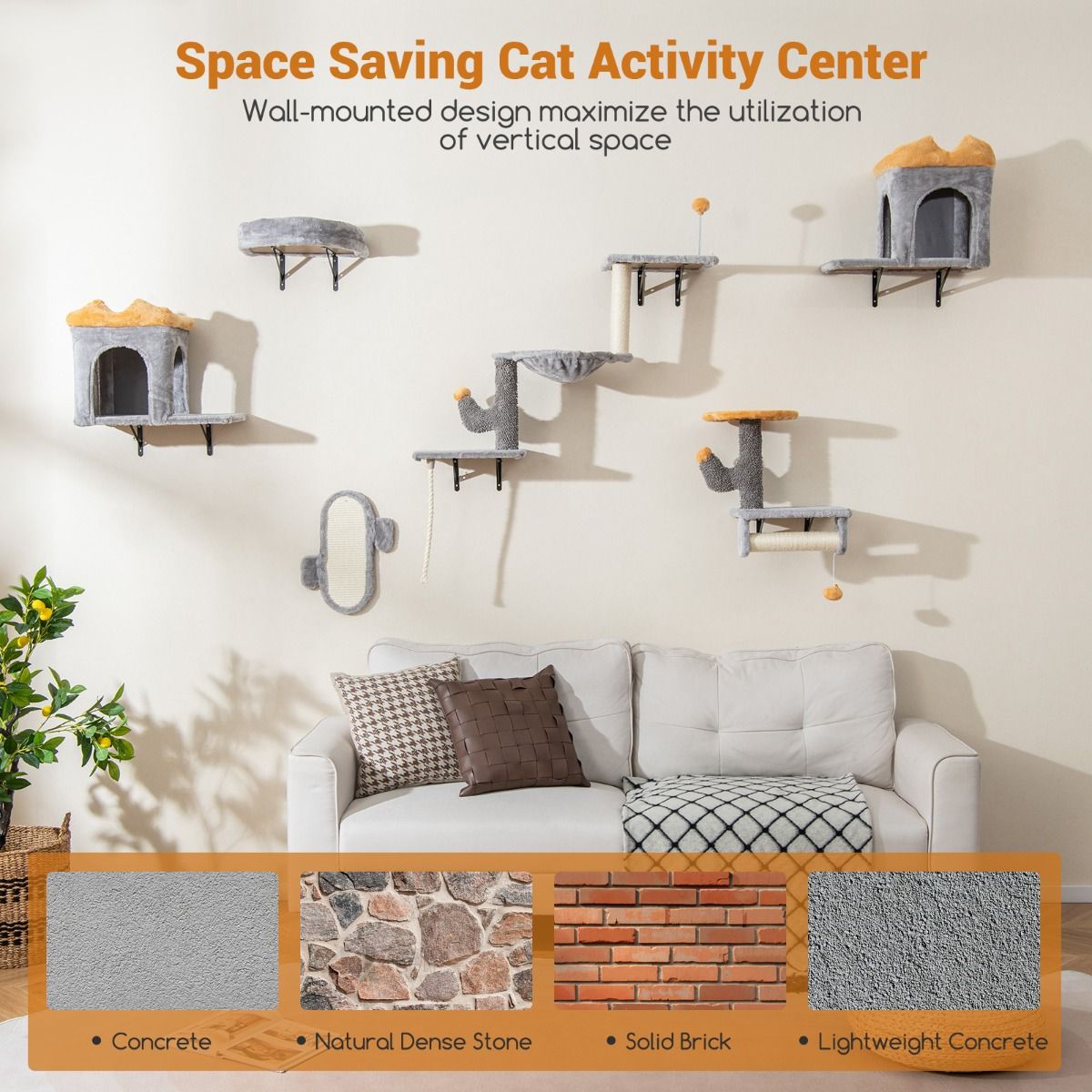 Ensemble de tours pour chats à fixer au mur Coast - Peu encombrant - Plateforme à 2 niveaux - Gris
