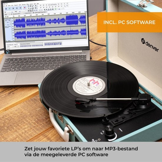 Denver Record Player - Haut-parleurs intégrés - Logiciel PC inclus - Auto-stop - Rétro - VPL120 - Bleu