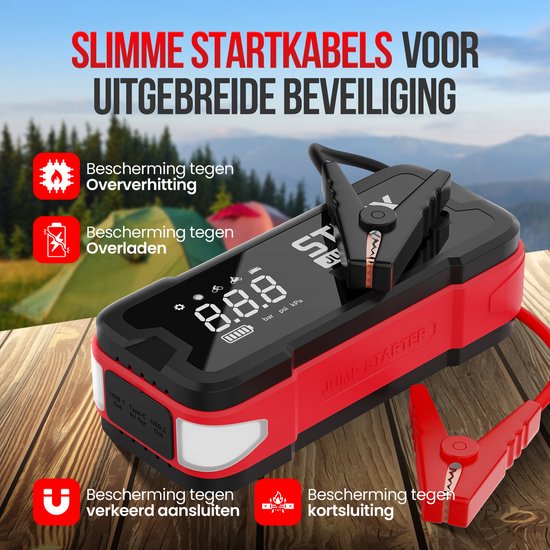Strex 12V Jumpstarter for Car with Compressor - 4000A / 24,000 mAh - 5-in-1 Starting Aid with Compressor, Powerbank, LED Flashlight and SOS Emergency Light - Incl. Hardcover
