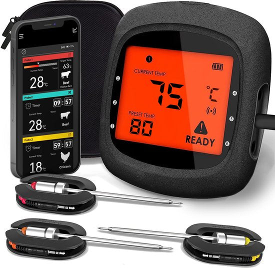 MostEssential PRO-3 Thermomètre à viande numérique - Thermomètre pour barbecue - Sans fil avec application - Bluetooth 5.0 - Portée de 100 m - 3 sondes de mesure et étui de rangement de luxe inclus
