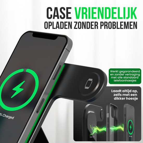 Strex 3-in-1 Wireless Charger - Station de charge - Chargement rapide 15W - Pliable - Convient pour iOS & Android, Apple Watch, AirPods et écouteurs sans fil - Noir