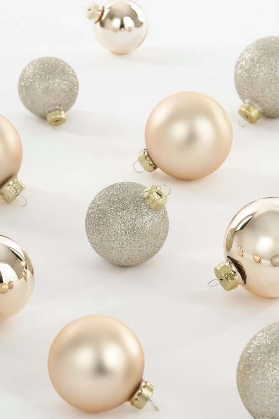 Boules de Noël Mica Decorations - 26 pièces - Décorations de Noël pour le sapin - Ornements brillants et pailletés - Pointes et boules de différentes tailles - Ø 7 cm - Crème