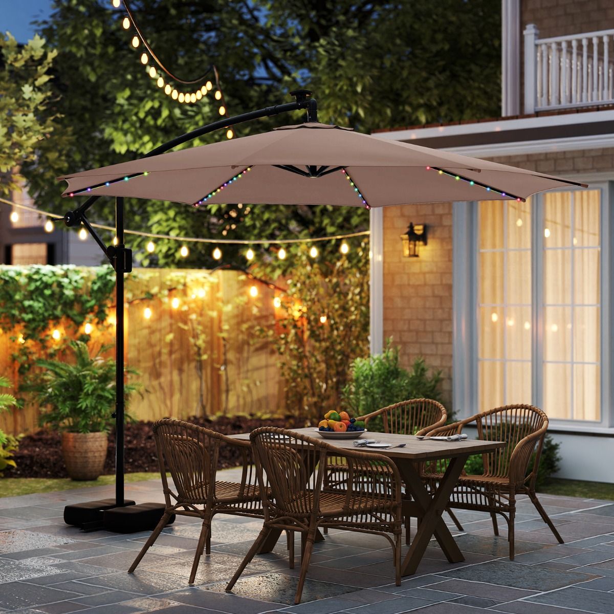 Parasol suspendu Coast avec éclairage LED - 9 modes d'éclairage - avec sacs de sable et balancier - marron - 300 x 260 cm