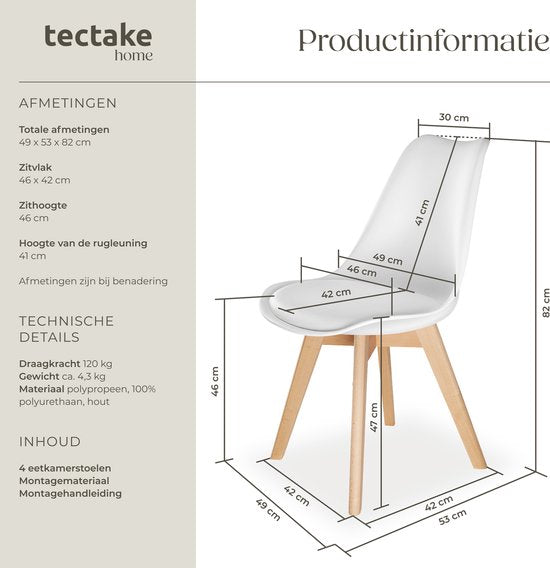 tectake® Dining Chair Frederikke - Lot de 4 chaises de salle à manger avec assise en tissu rembourrée - pieds en bois massif - Chaises ergonomiques adaptées au salon, à la salle à manger, à la chambre à coucher et à la cuisine - Capacité 120kg - Blanc