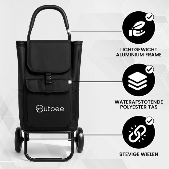 Outbee Chariot de courses - Pliable - Polyester - Avec roues EVA - Cadre en aluminium - Capacité de charge 45 kg - Noir