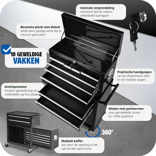tectake® Chariot d'atelier avec support de valise - Chariot à outils verrouillable avec 10 compartiments - Établi mobile en acier - Roues avec frein - Chariot à outils vide, armoire à outils - Noir