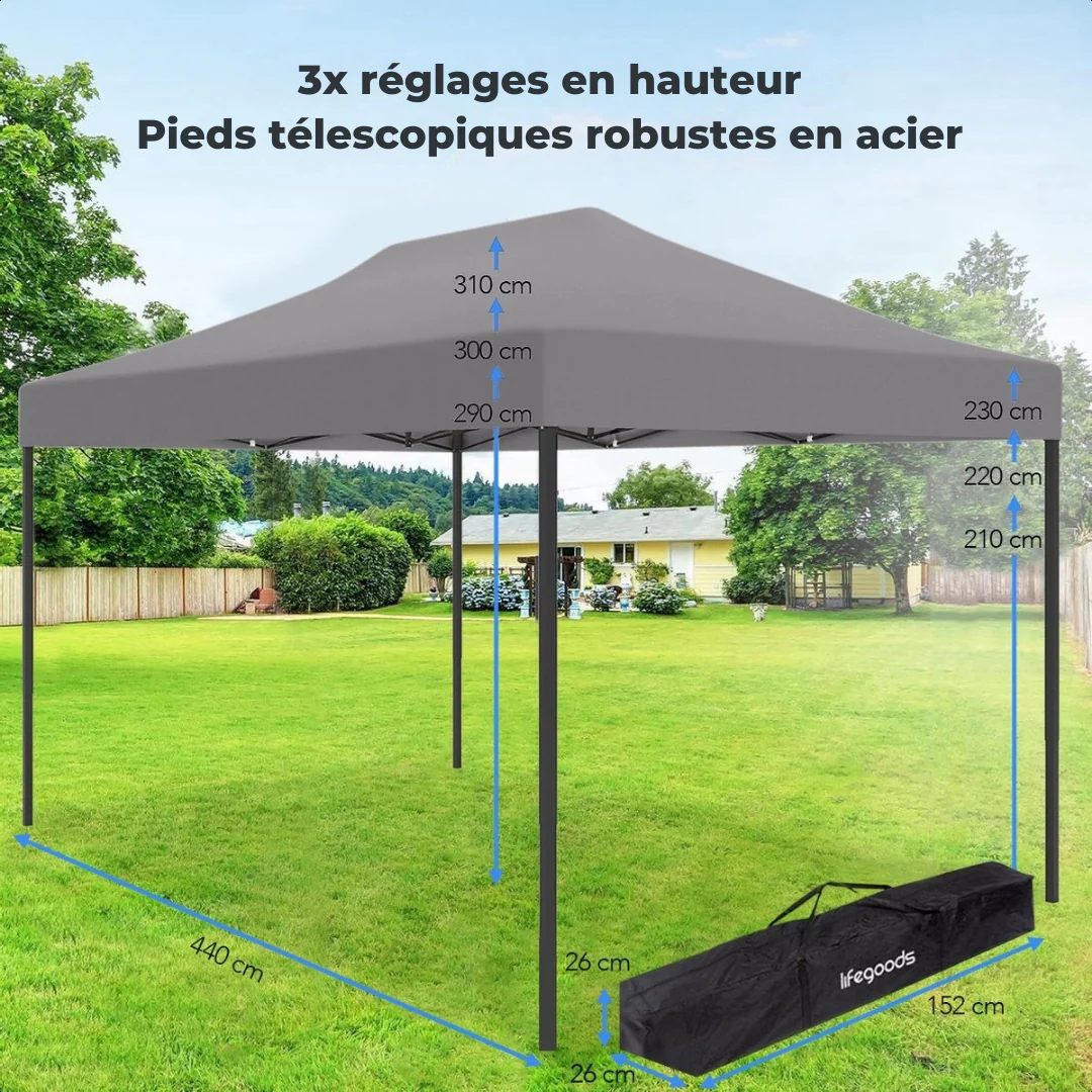 Tonnelle de jardin - LifeGoods - 3x4.5m - Avec sac de transport à roulettes - Gris foncé