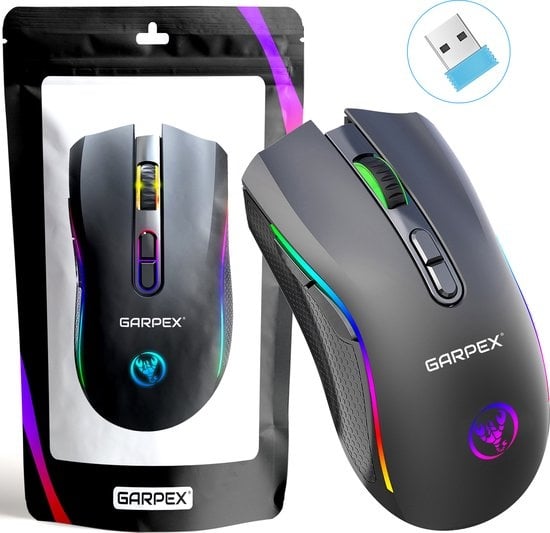 Garpex® Silent Wireless Mouse - Gaming Mouse - Computer Mouse - Mouse Wireless - With LED Lighting - Rechargeable - Black