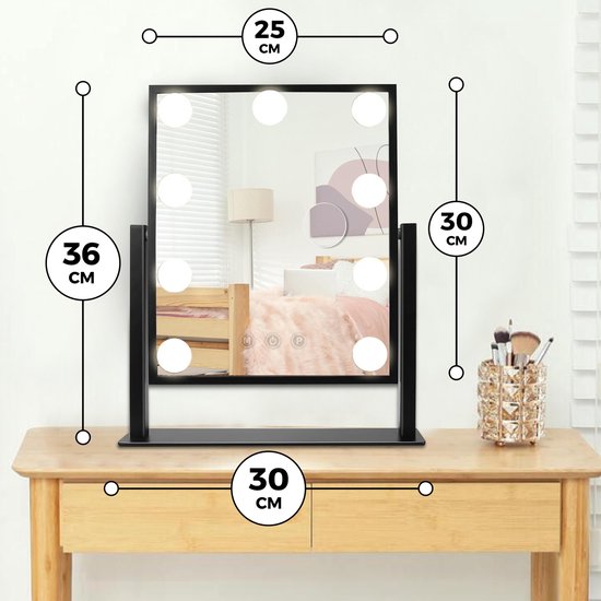 Bayt - Miroir avec éclairage - Miroir hollywoodien avec éclairage - Miroir de maquillage avec éclairage - Dimmable - Grossissement 10x - 36 x 30 cm - Noir