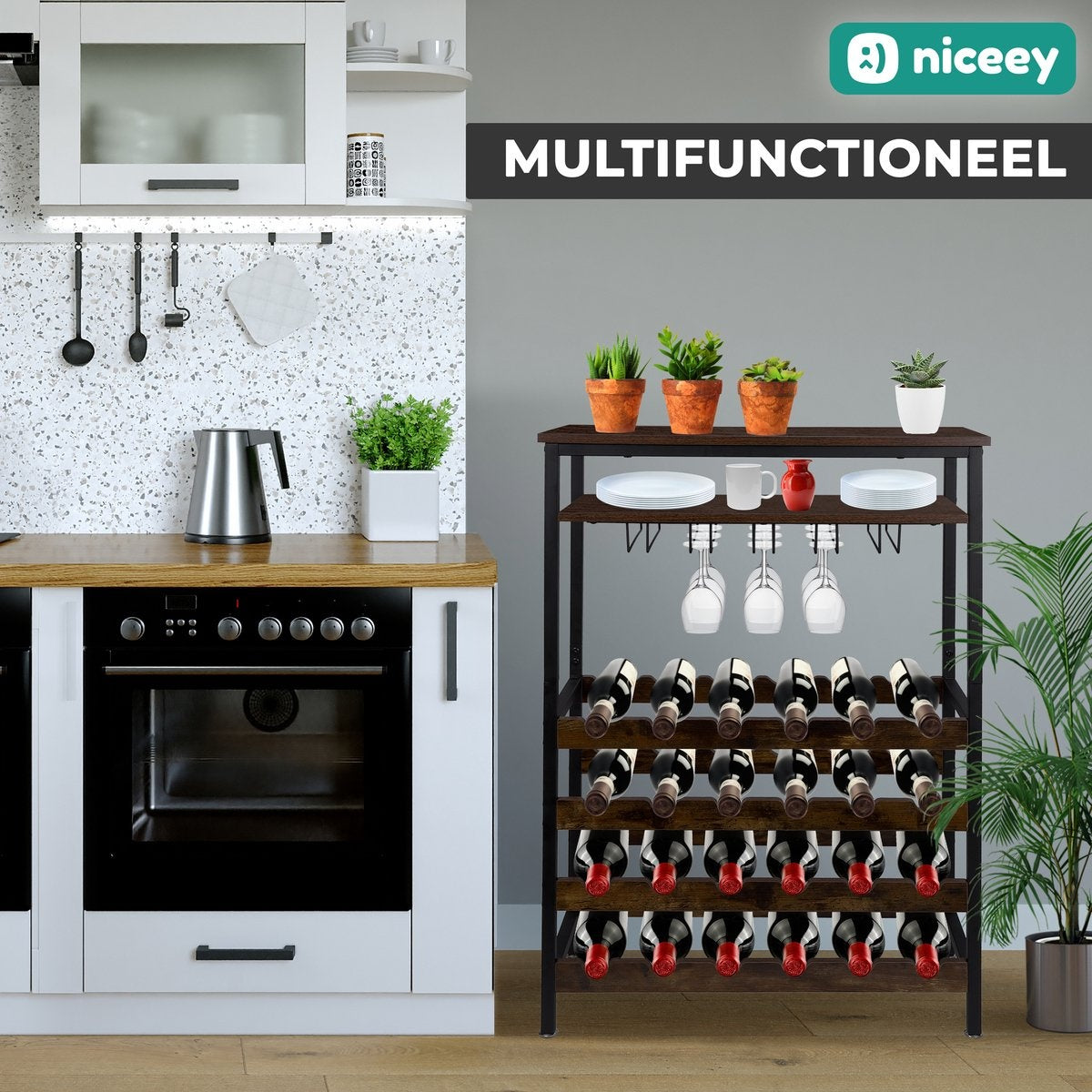 Niceey Support à vin - Pour 24 bouteilles et 15 verres - Noir