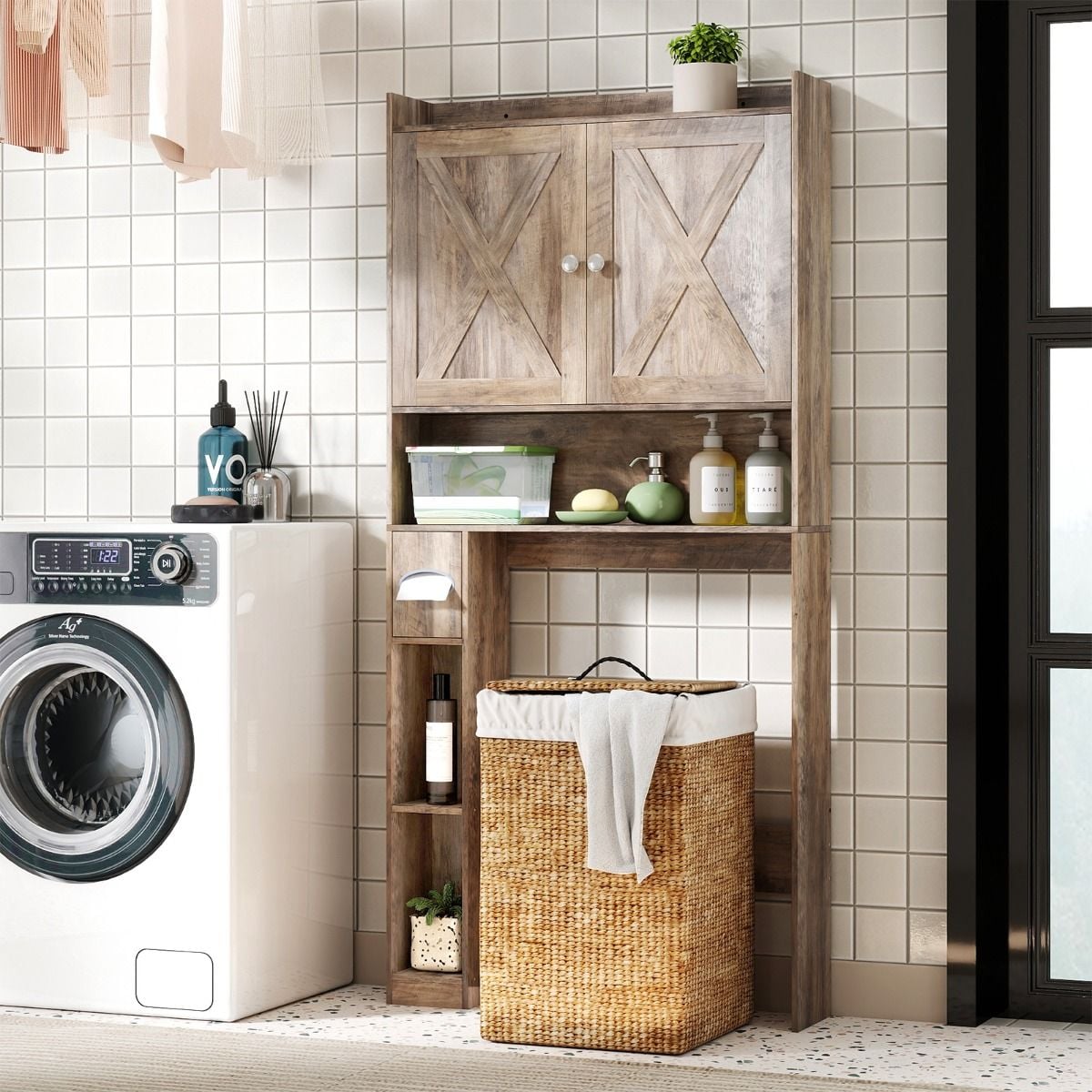 Cabinet de toilette Coast gris - 81,5 x 19,5 x 172,5 cm - avec double porte et porte-papier hygiénique