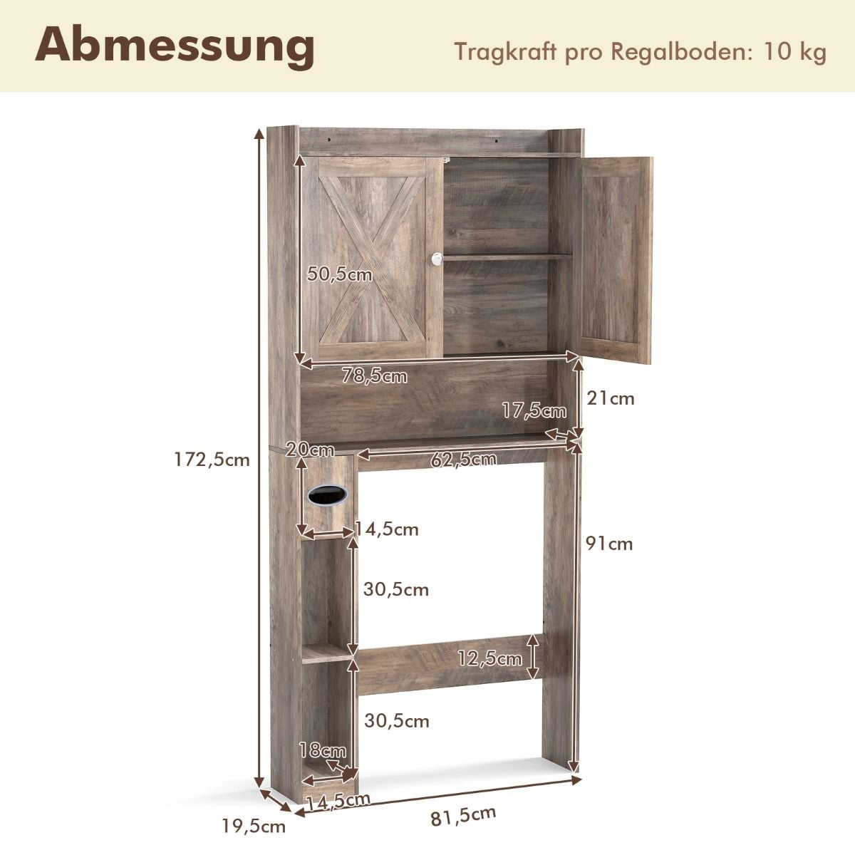 Cabinet de toilette Coast gris - 81,5 x 19,5 x 172,5 cm - avec double porte et porte-papier hygiénique
