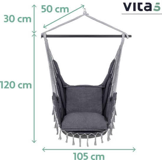 Vita5 XXL Hamac Chair | Nid suspendu intérieur/extérieur | 2 coussins et boîte à livres inclus | Adultes et enfants | Hamac Chair jusqu'à 200kg | Gris foncé