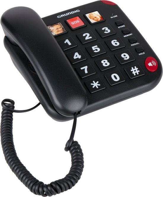 Grundig Senior Phone Home Phone - Téléphone senior à grosses touches - Téléphone senior avec touches de raccourci photo - Haut-parleur et bouton SOS - Noir