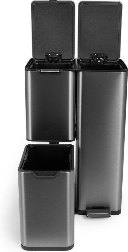 Umuzi Poubelle de nettoyage - 60L - Fermeture douce - Gris métallique - Séparation des déchets 3 bacs - 47 x 39 x 72