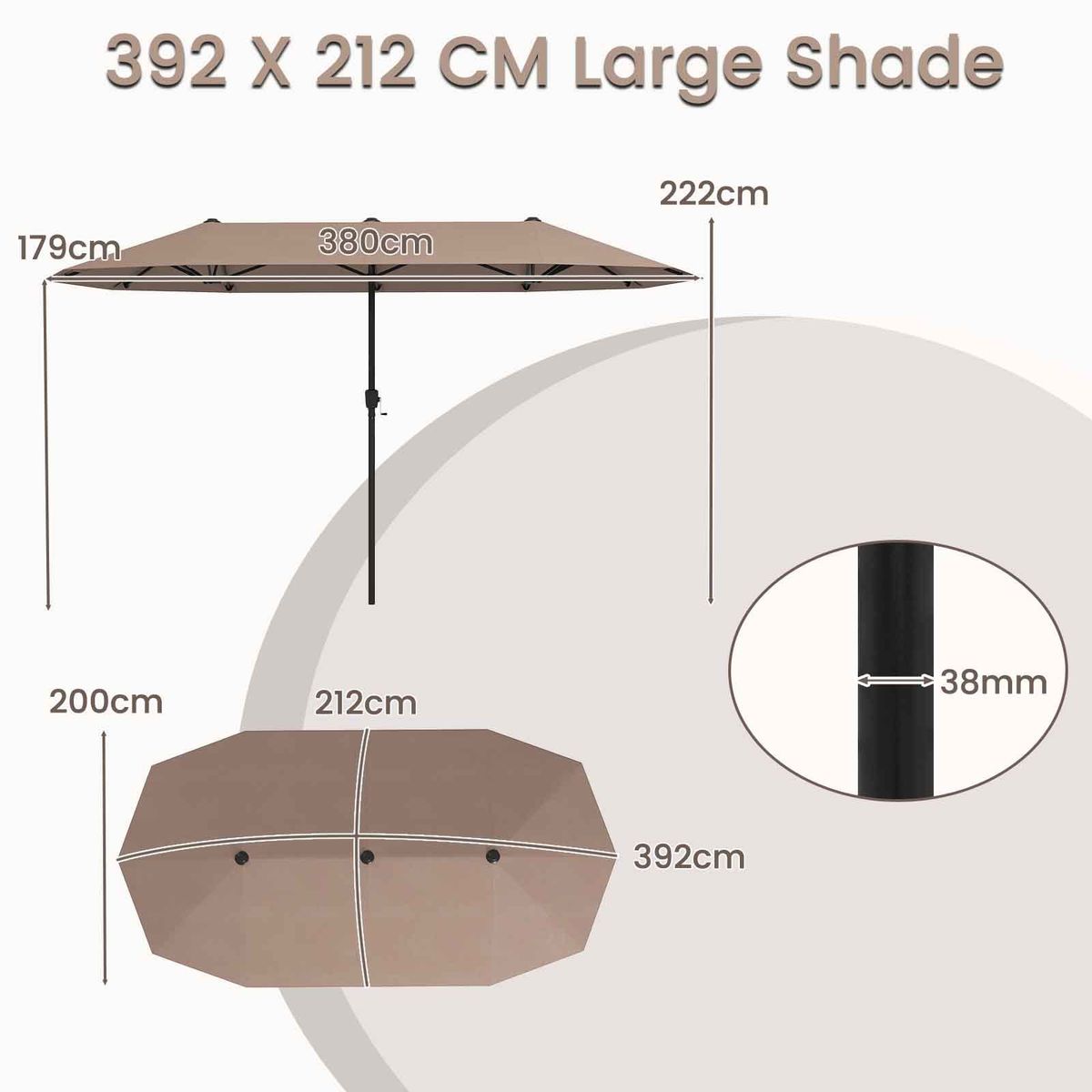 Parasol double Coast - rectangulaire - polyester hydrofuge - 400 x 215 cm - marron