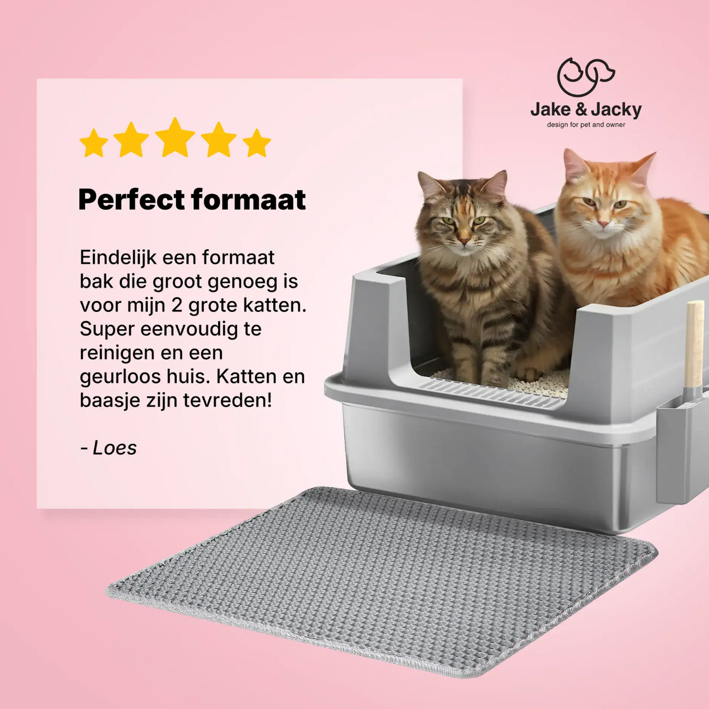 Bac à litière ouvert Jake & Jacky en acier inoxydable XXL - pour grands chats - avec pelle à litière, support et tapis de protection contre les projections