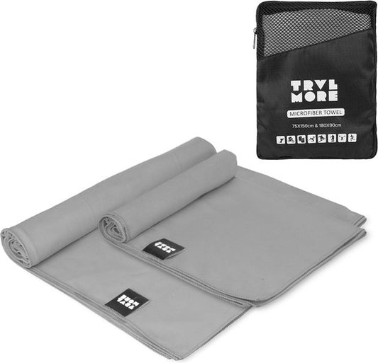 TRVLMORE Set de serviettes de voyage en microfibre - 2 pièces - Grand (75 x 150 cm) et Extra grand (90 x 180 cm) - Microfibre - Gris