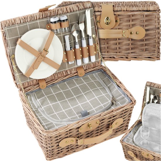 tectake® complete Picnic Basket Set Ameland - Luxury 13-piece Picnic Set for 2 - Wicker Picnic Basket - Includes Cooler, Set with Plates, Plastic Wine Glasses and Stainless Steel Cutlery