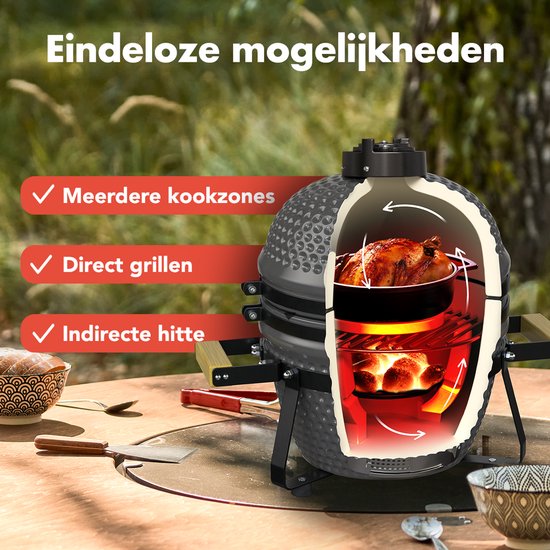 KitchenBrothers Kamado BBQ - 13 Inch Charcoal Barbecue - 27⌀ cm - PFAS-free - Deluxe Set - Egg BBQ with Accessories including Cover - Grey (en anglais)