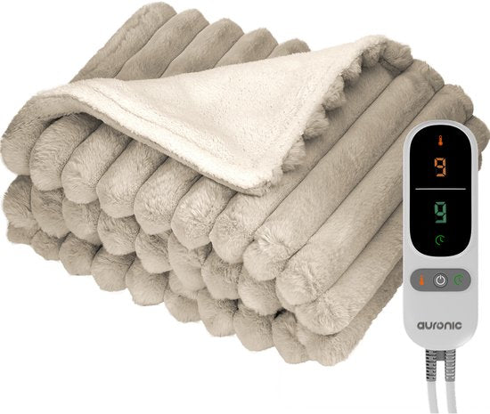 Couverture électrique Auronic - 160 x 120cm - Couverture chauffante - 1 personne - 3 niveaux de chaleur - Peluche - Couverture chauffante - Taupe