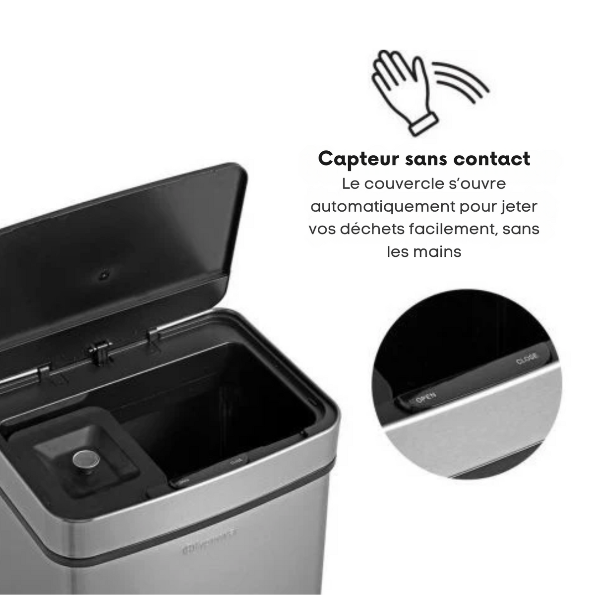 Poubelle de tri - Homra - 3 Compartiments (2x12L + 48L) - Poubelle à Capteur - Acier Inoxydable - Couvercle  Automatique - Argenté