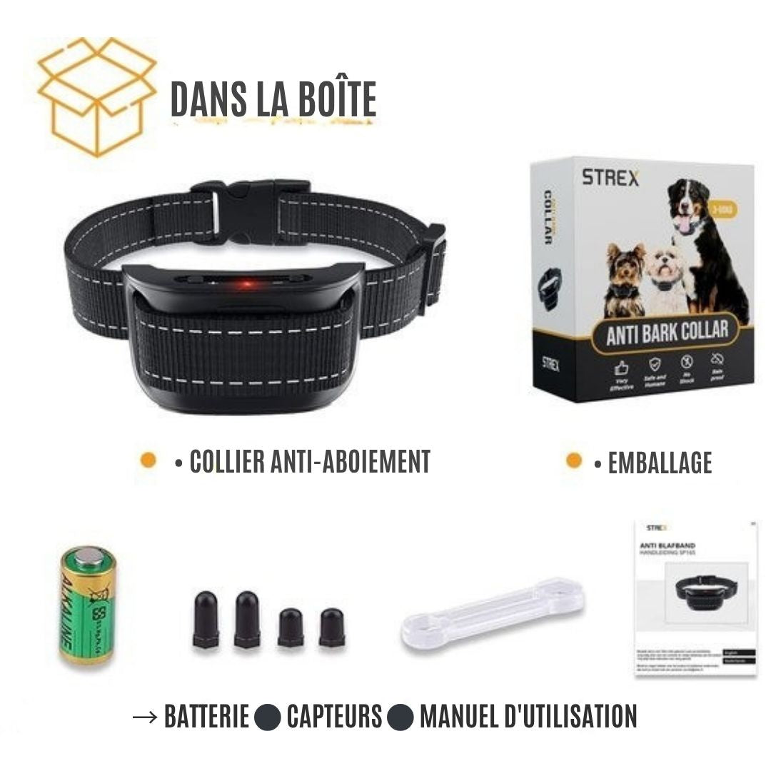 Bande anti aboiement Strex pour chiens - 3-60KG - Sans choc - Vibration et audio - Bande anti aboiement